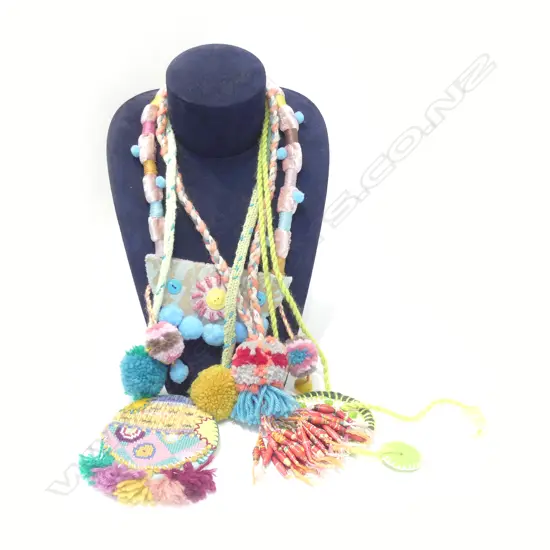 FOUR AVANT GARDE WOOLWORK AND PAPERBEAD NECKLACES