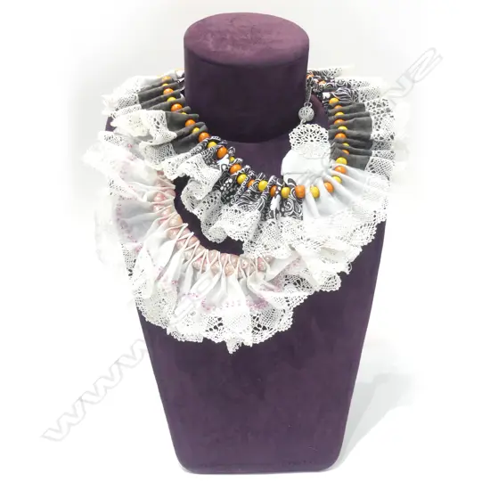 TWO ORIGINAL FABRIC/BEAD/SHELL NECKLACES