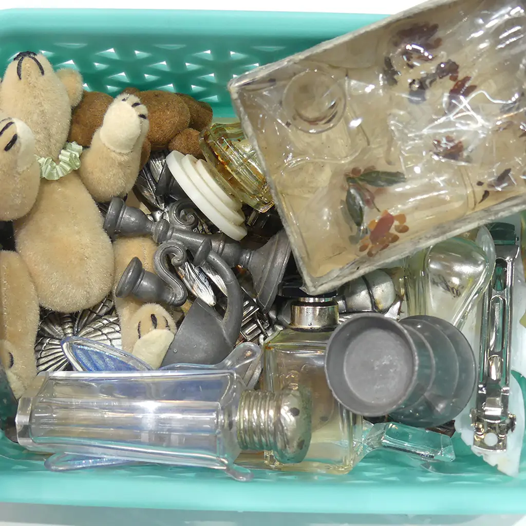 3 PEWTER ITEMS; TINY GLASS SET; OLD PURFUM BOTTLES ETC Image 1++