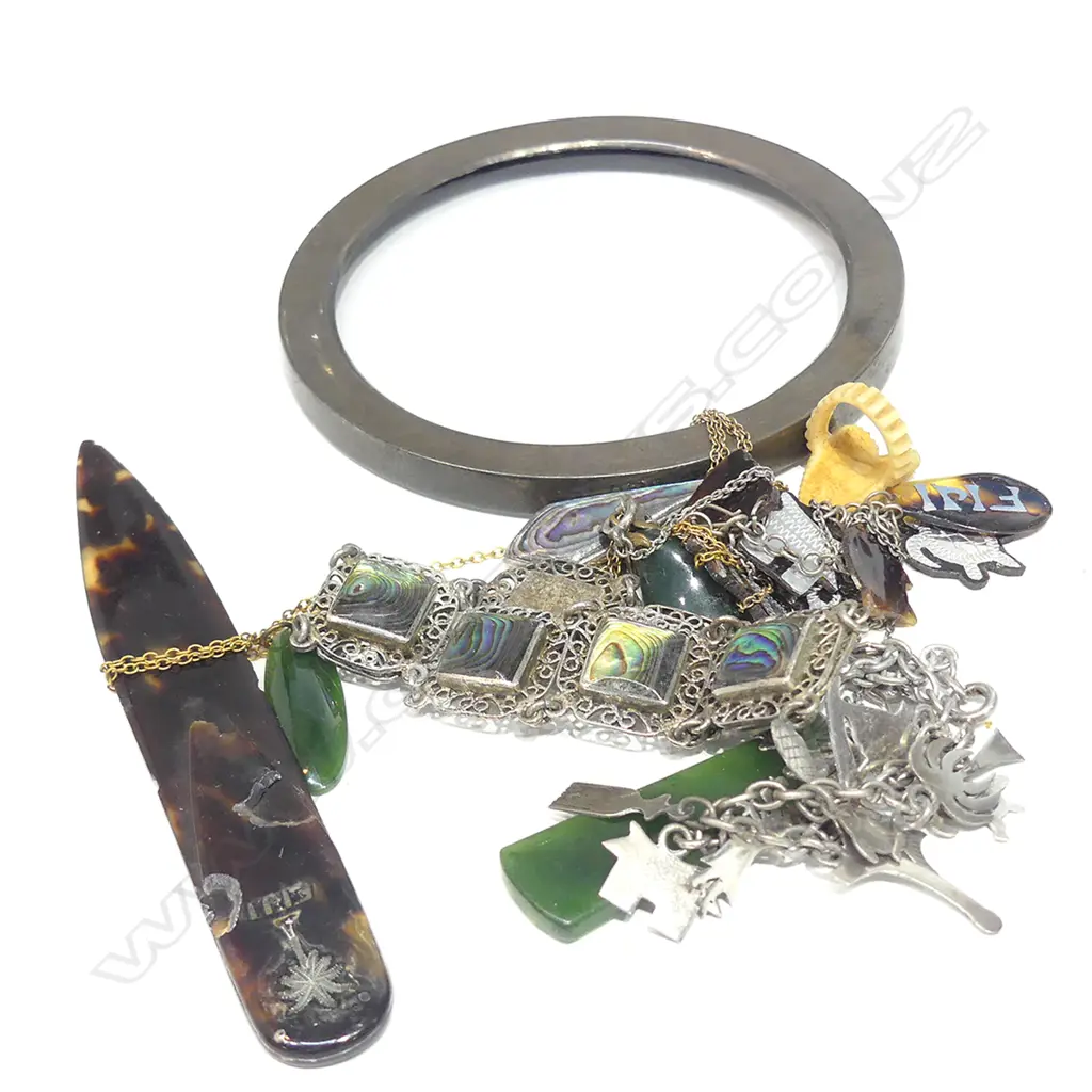 BAG OF PAUA, GREENSTONE & TORTOISESHELL JEWELLERY + SILVER PHOTO FRAME Image 1++