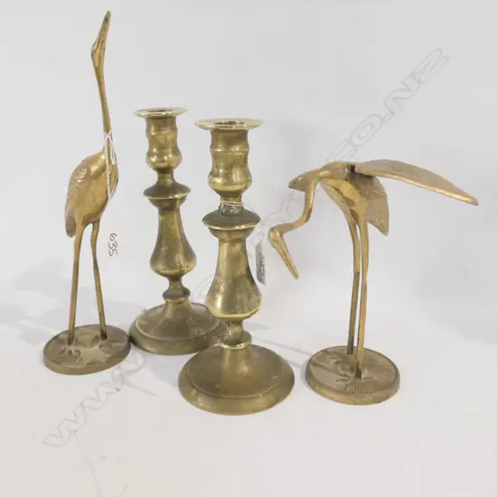 PAIR OF BRONZE BIRDS 300MM H AND PAIR BRASS CANDLESTICKS