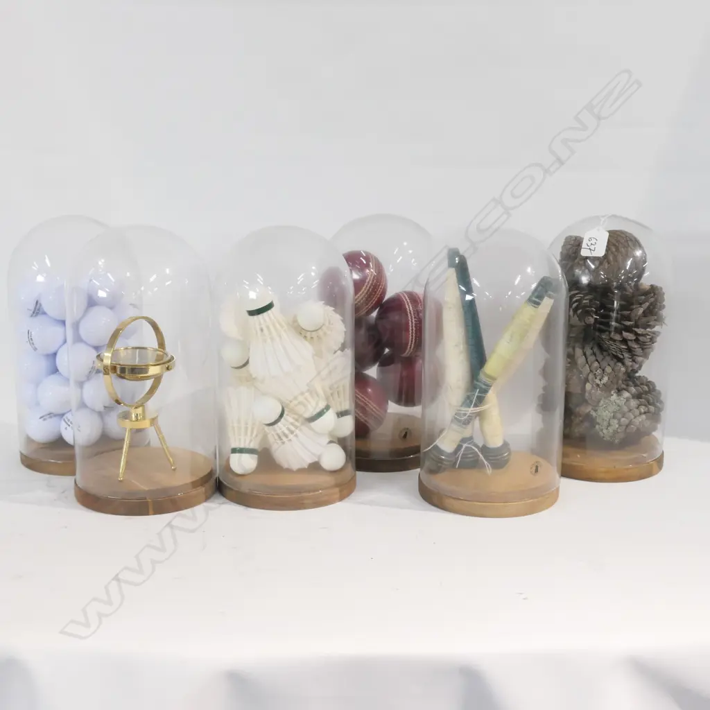 BOX LOT 6 ASST. GLASS DOMED DECOR PIECES; SPORTS ETC  Image 1++