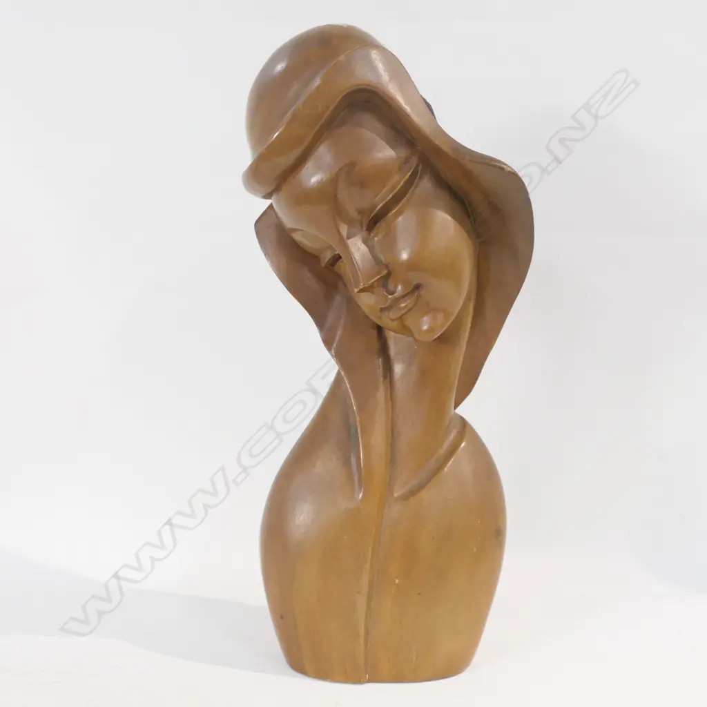 CARVED WOODEN BUST OF A STYLISED LADY H 480 MM Image 1++