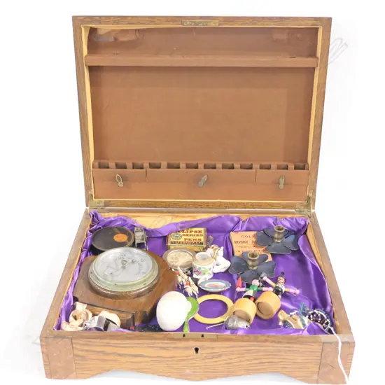 OAK BOX FULL OF VINTAGE COLLECTABLES 