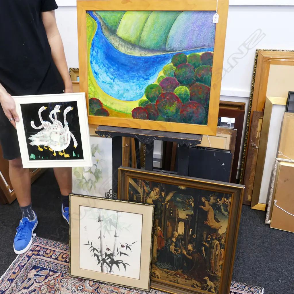 4 ARTWORKS; 'PUHOI RIVER AT WENDERHOLME' F. R. ENGLAND ACRYLIC, RELIGIOUS PRINT, BIRDS AND BAMBOO PRINT, GEESE TILES Image 1++