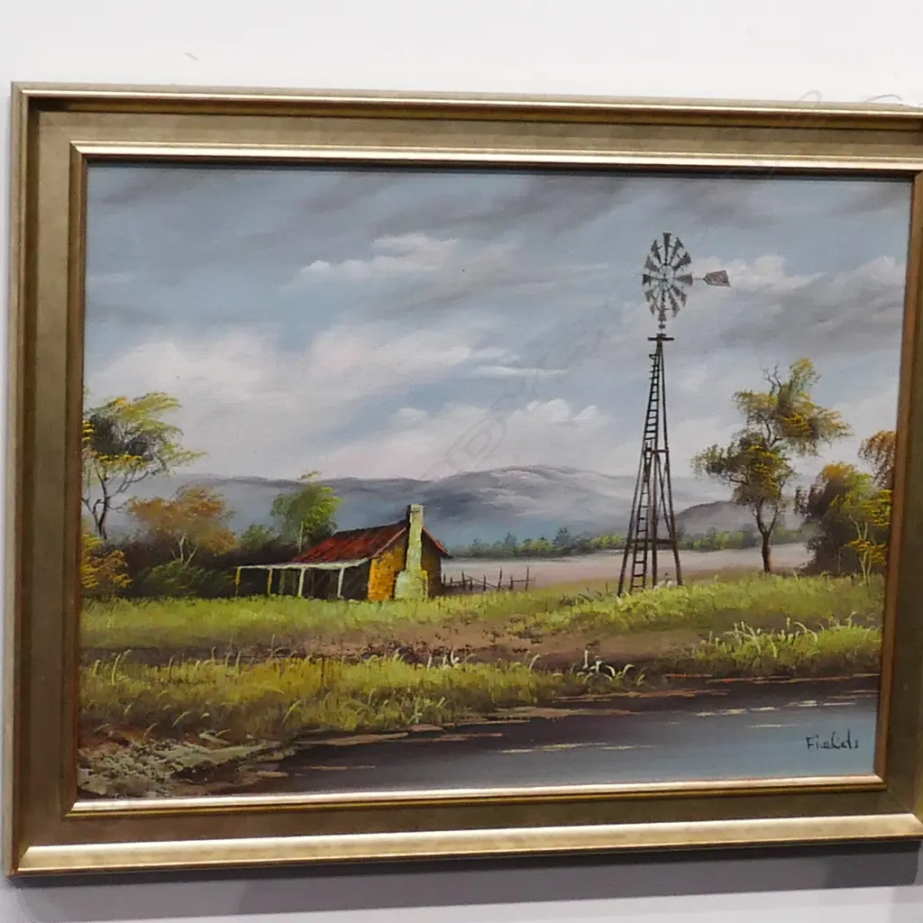 OIL PAINTING OF A HOUSE AND WINDMILL SIGNED FIELDS Image 1++
