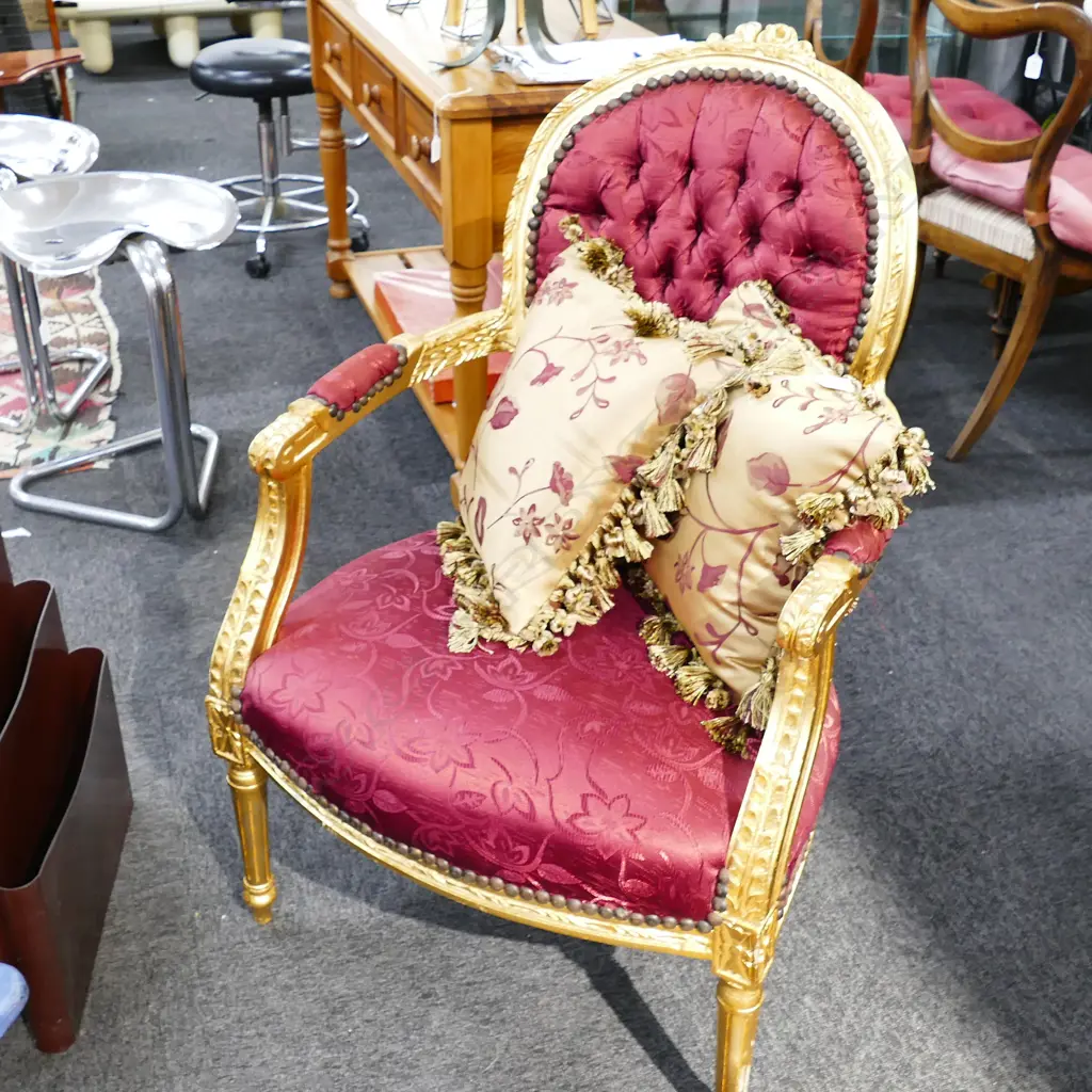 PAIR FRENCH STYLE GILT AND UPHOLSTERED CHAIRS Image 1++