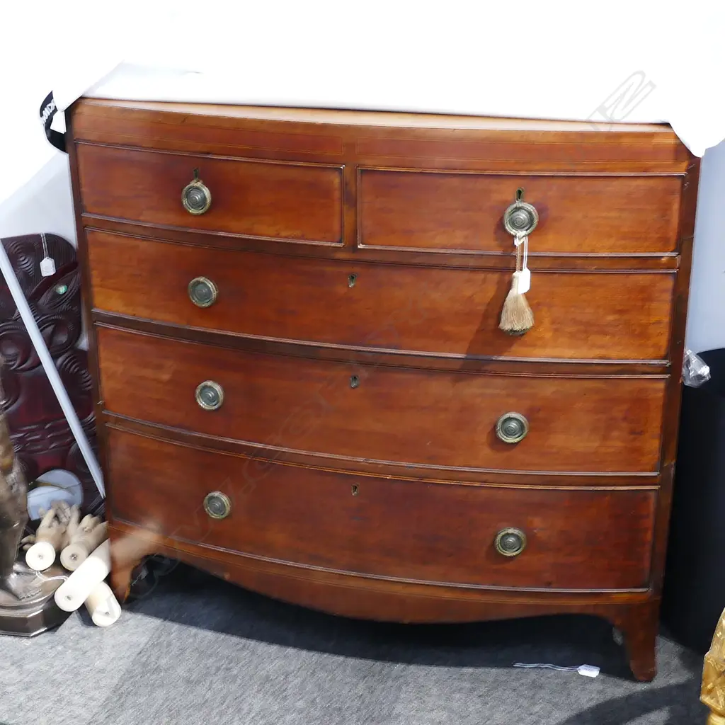 19THC MAHOGANY BOW FRONT CHEST L 1060 MM Image 1++