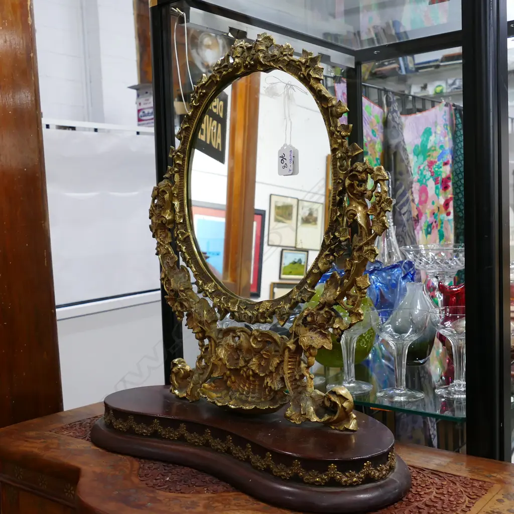 FRENCH STY. ORMOLU MIRROR ON WOODEN STAND Image 1++