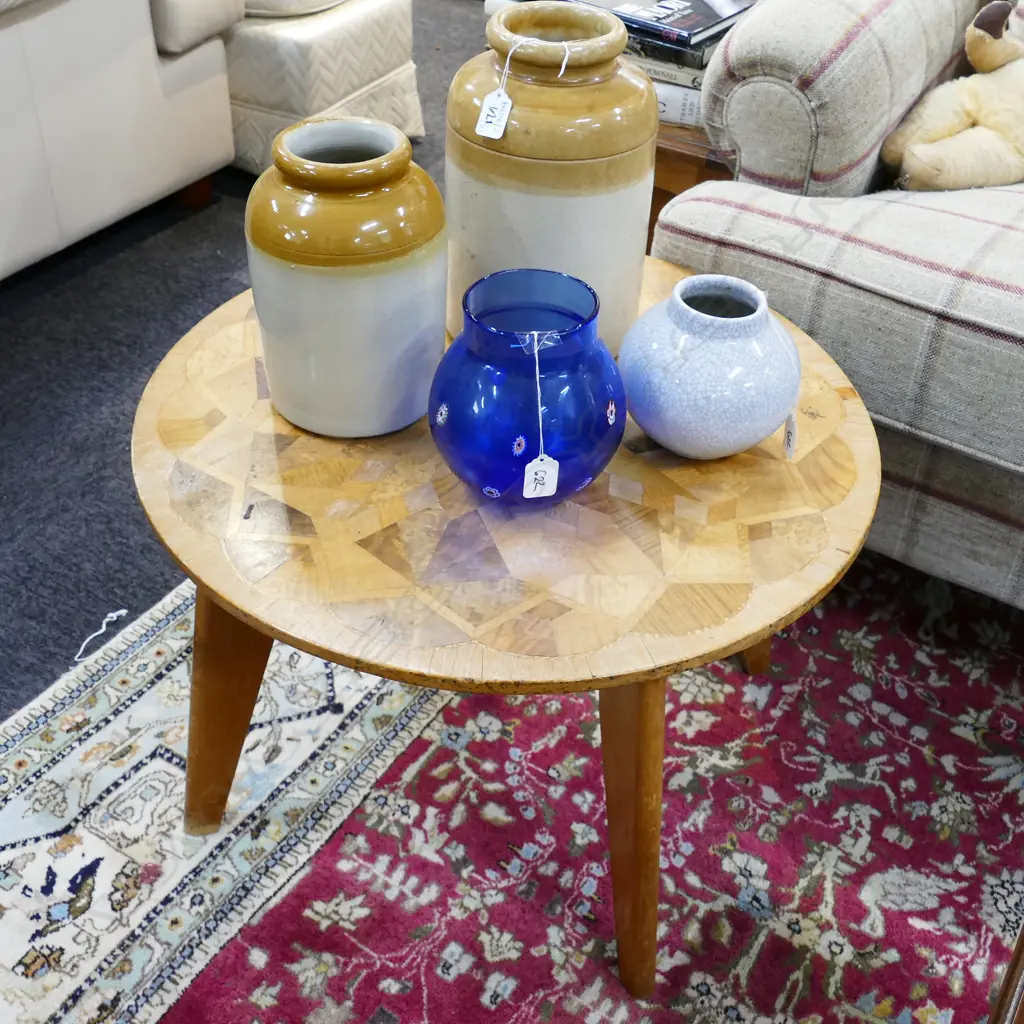 NATIVE TIMBERS INLAID SIDE TABLE SIGNED H.C. OSBOURNE AUCKLAND N.Z 193? D 620 MM Image 1++