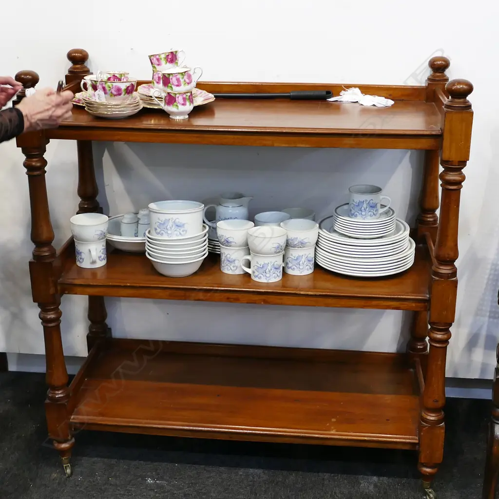VICTORIAN MAHOGANY THREE STAGE DUMB WAITER ON ORIGINAL CASTORS 1000 X 420 X 1040MM Image 1++