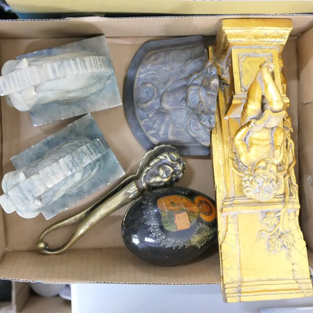 LOT ASST INCL. CARVED STONE BOOK ENDS + BRASS NUTCRACKER ETC Image 1++