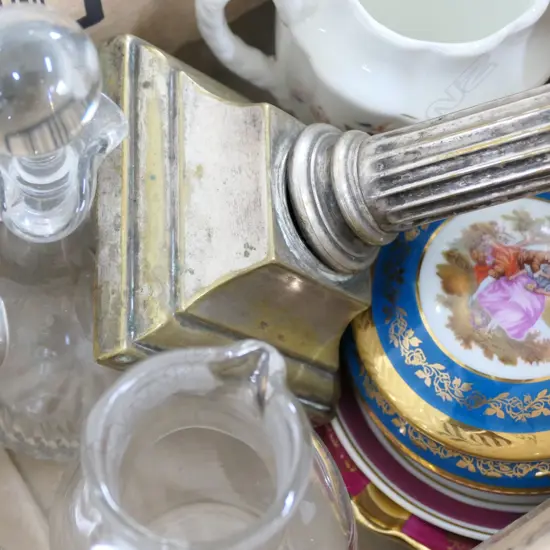 BOX LOT 3 LIMOGES, VICTORIAN JUGS, CANDLESTICK