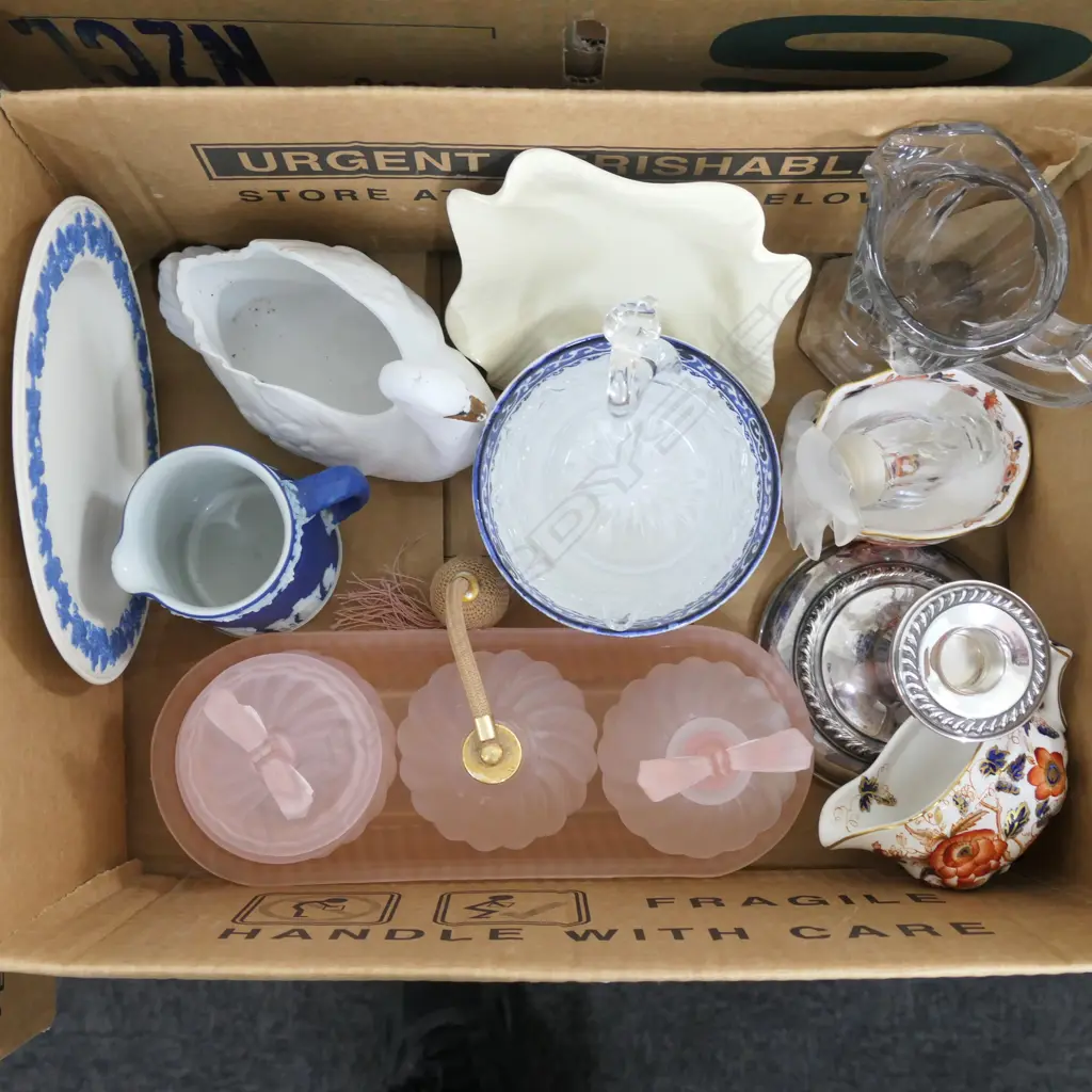 BOX LOT ASST CHINA INCL; DEPRESSIONWARE PERFUME SET, SWANS, WEDGWOOD, CANDLESTICKS ETC Image 1++