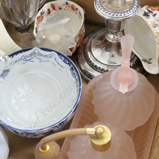 BOX LOT ASST CHINA INCL; DEPRESSIONWARE PERFUME SET, SWANS, WEDGWOOD, CANDLESTICKS ETC