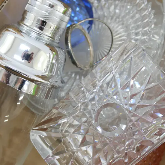 LOT ASST GLASSWARE INCL. SHAKER + ORREFORS GLASS VASE