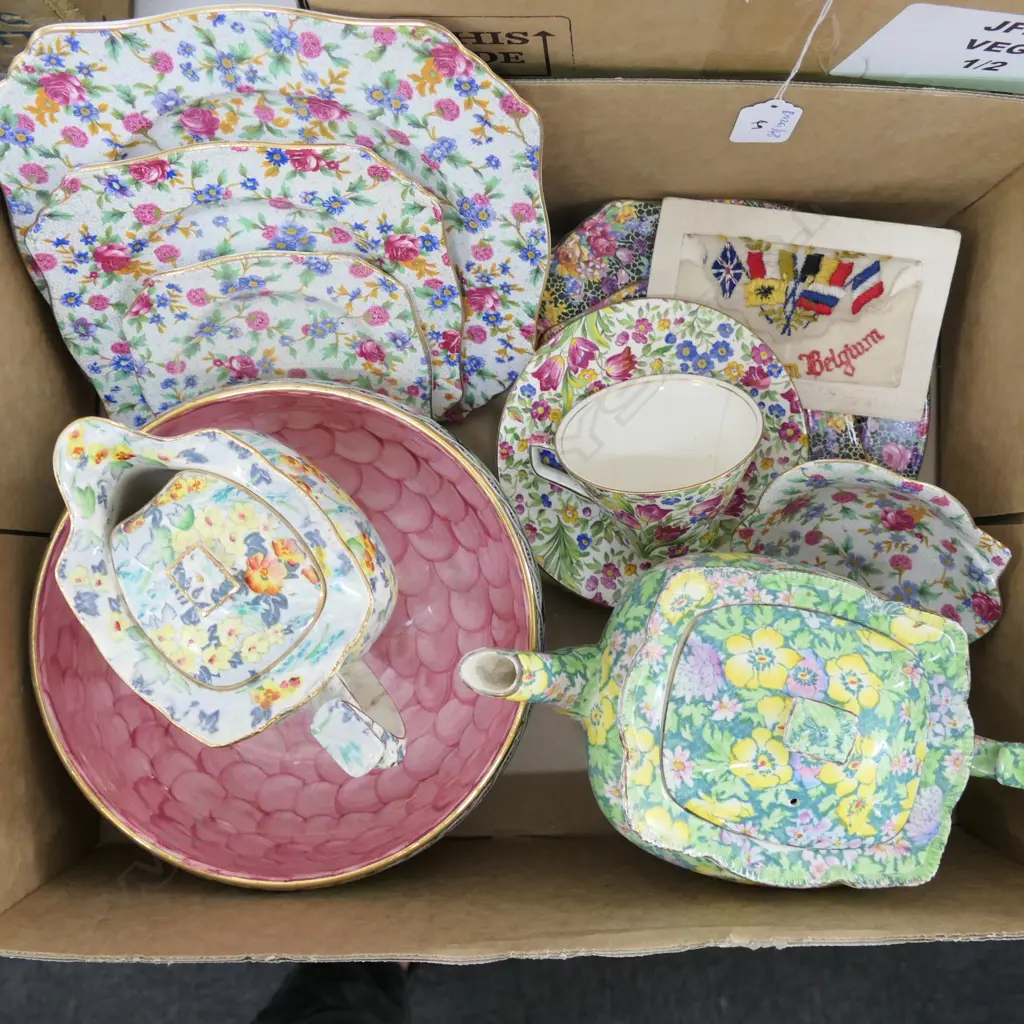 BOX LOT ASST. ROYAL WINTON CHINA INCL; 2 TEAPOTS, MAILING BOWL, POSTCARD ETC Image 1++