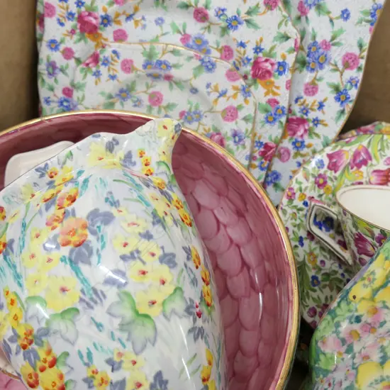 BOX LOT ASST. ROYAL WINTON CHINA INCL; 2 TEAPOTS, MAILING BOWL, POSTCARD ETC