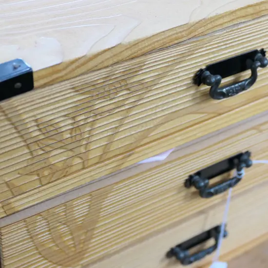 SMALL PINE SEWING CHEST AND CONTENTS H 240 MM