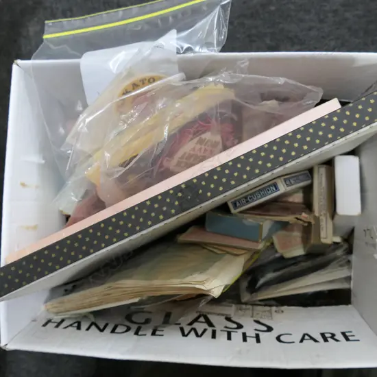 BOX LINEN AND VARIOUS WORLD POSTCARDS, PLAYING CARDS, ETC
