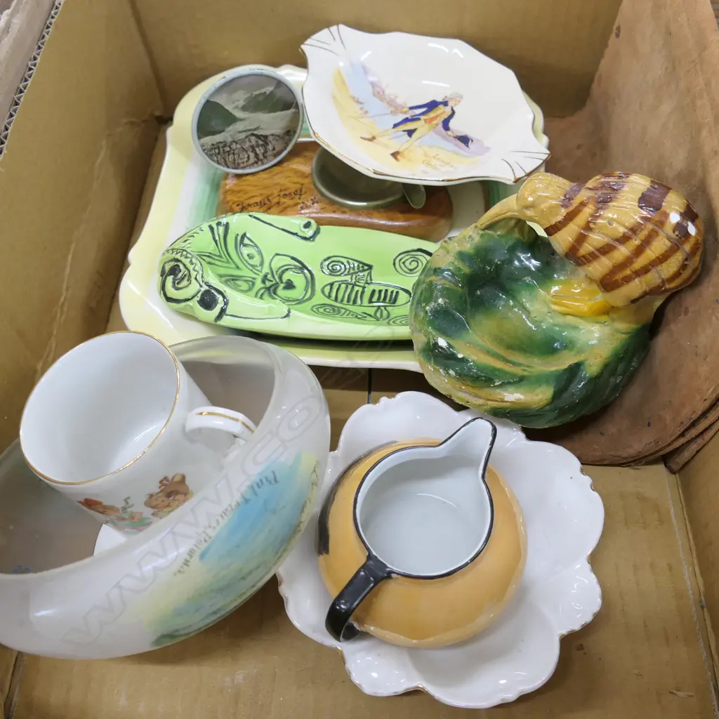 LOT ASST NZ SOUVENIR WARE INCL. LEATHER WRITING CASE + TUNSTALL DISHES Image 1++