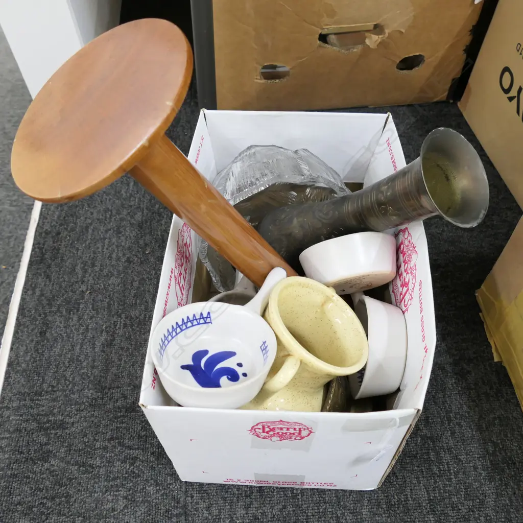 BOX LOT VASES, CRYSTAL, BRONZE, WOODEN STAND ETC Image 1++