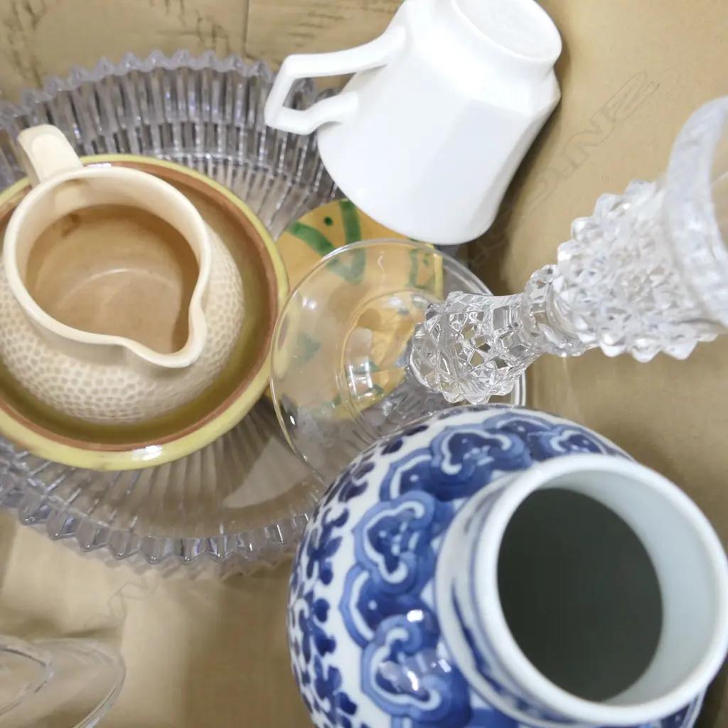 BOX LOT ASST. CRYSTAL AND CHINA INCL. PAIR CANDLESTICKS, ICEBUCKET ETC Image 1++