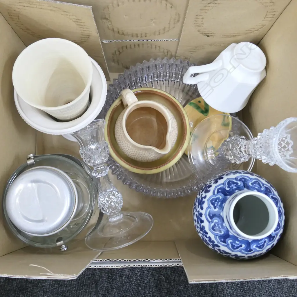BOX LOT ASST. CRYSTAL AND CHINA INCL. PAIR CANDLESTICKS, ICEBUCKET ETC Image 1++