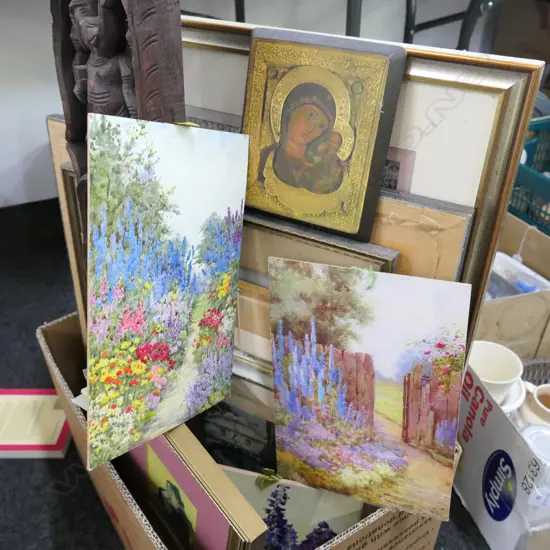 LOT ASST PRINTS / WOOD CARVING ETC