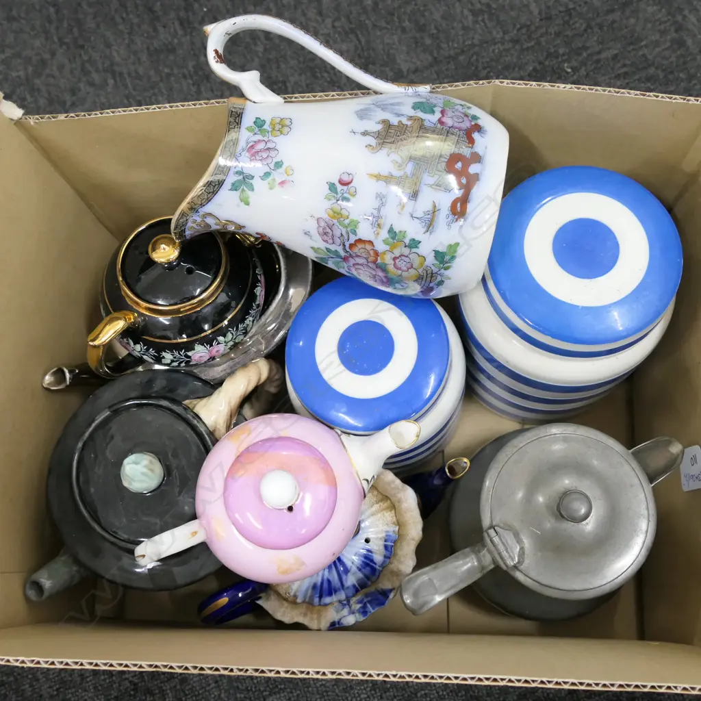 LOT ASST VICT TEAPOTS/JUG/BESWICK+CONISH STYLE CANNISTERS Image 1++
