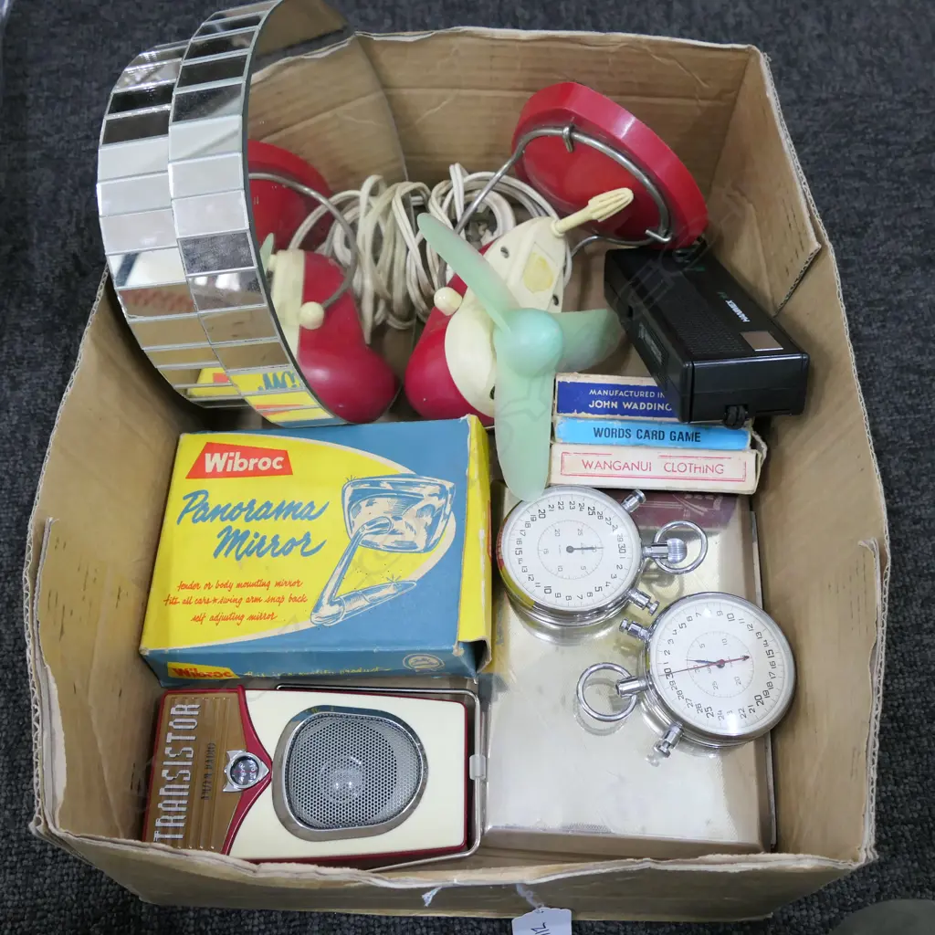 LOT VINTAGE FAN/WING MIRROR/STOP WATCHES RADIOS ETC Image 1++