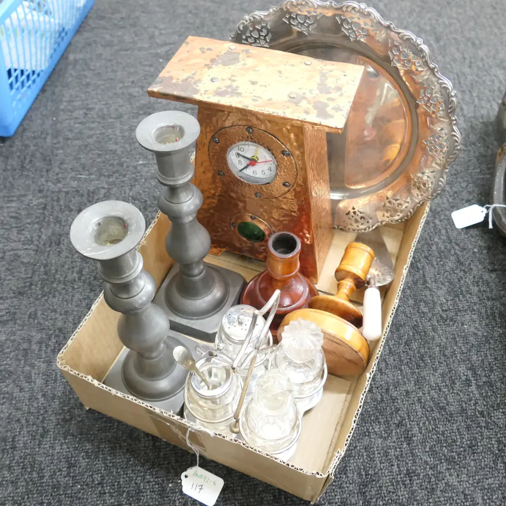 LOT ASST INCL. NOUVEAU STYLE COPPER CLOCK / PEWTER CANDLESTICKS ETC Image 1++