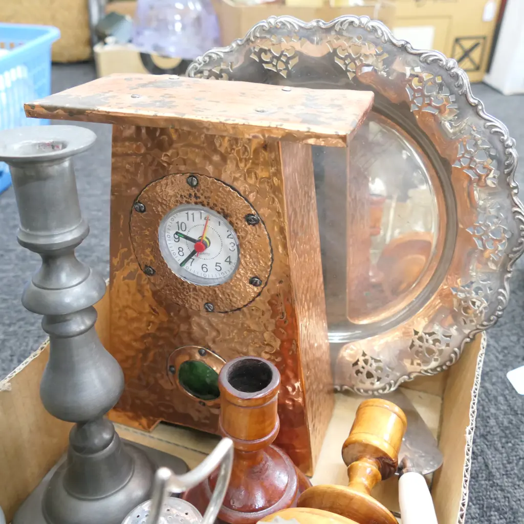 LOT ASST INCL. NOUVEAU STYLE COPPER CLOCK / PEWTER CANDLESTICKS ETC Image 1++