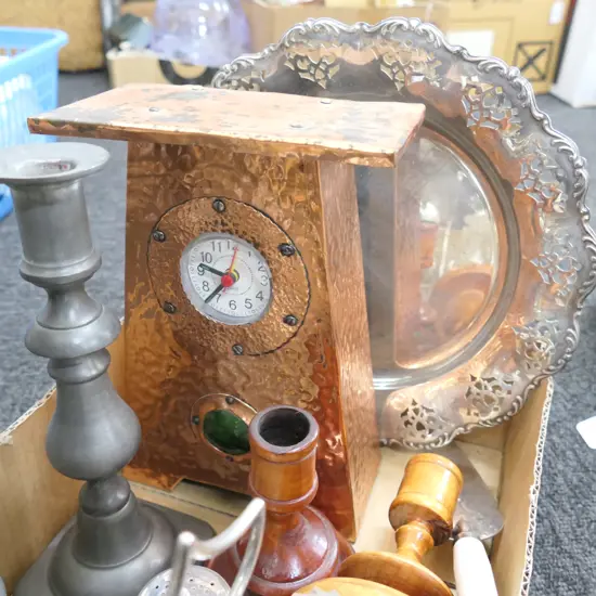 LOT ASST INCL. NOUVEAU STYLE COPPER CLOCK / PEWTER CANDLESTICKS ETC