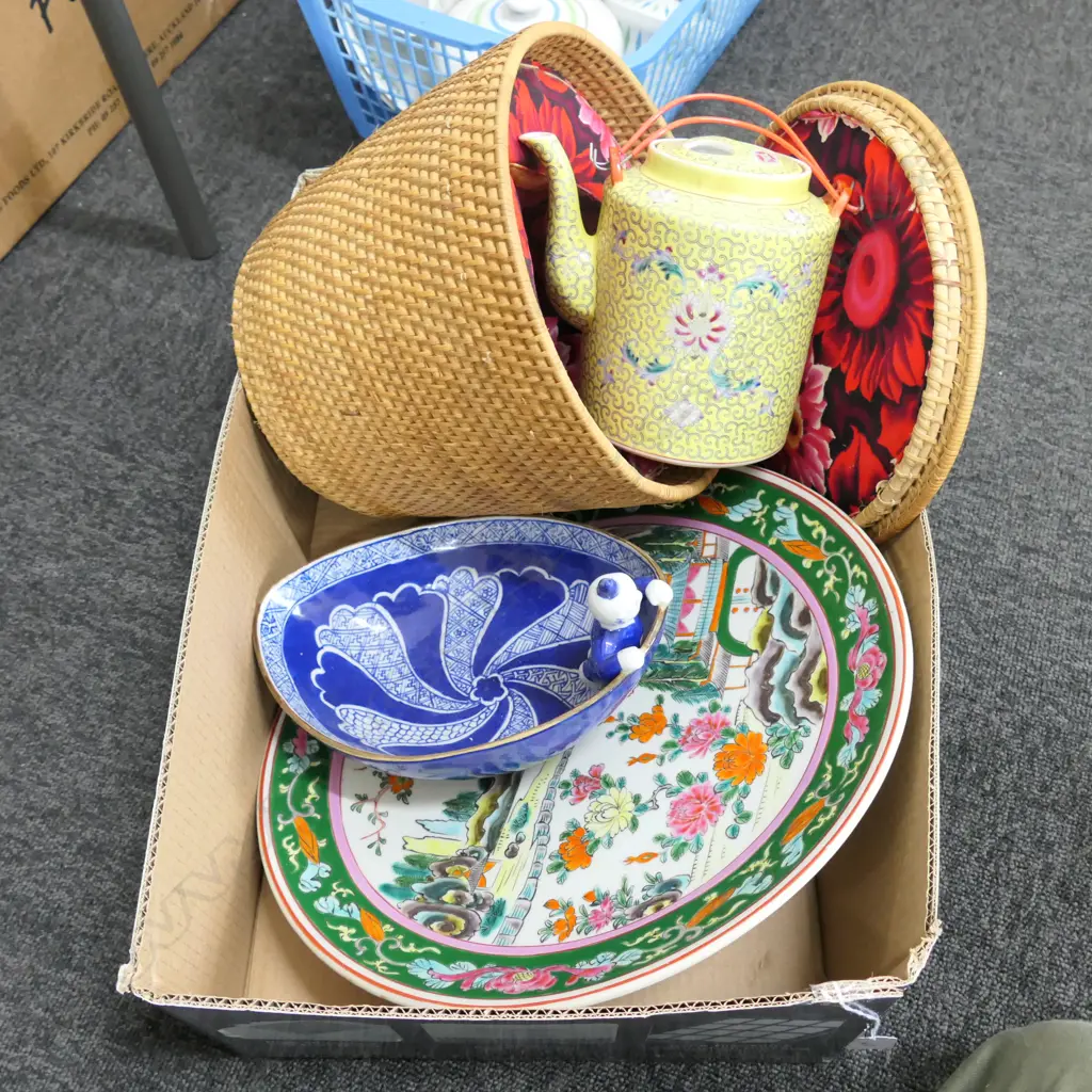 LOT ASST INCL. CHINESE TEAPOT IN BASKET + CHINESE CHARGER ETC  Image 1++