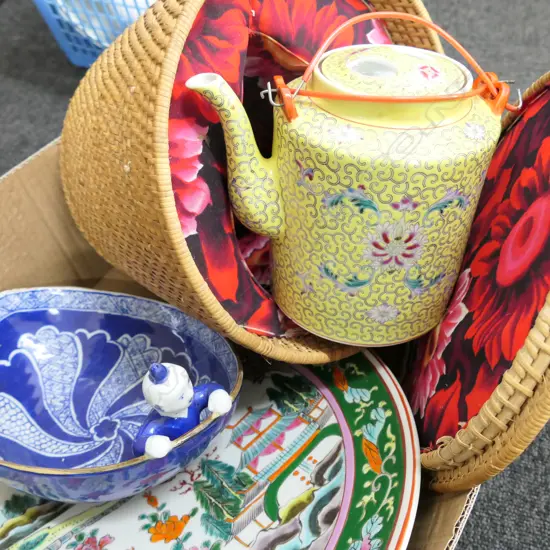 LOT ASST INCL. CHINESE TEAPOT IN BASKET + CHINESE CHARGER ETC 