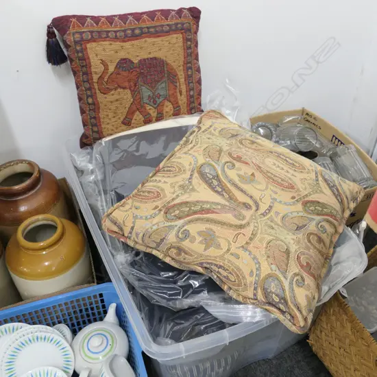 CONTAINER OF FABRIC - GOOD FOR PATCHWORK ETC & TWO CUSHIONS