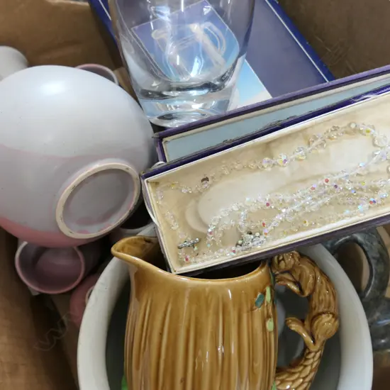 LOT CHAMBER POT /NECKLACE/ WINE FLASK/ CRYSTAL JUG ETC