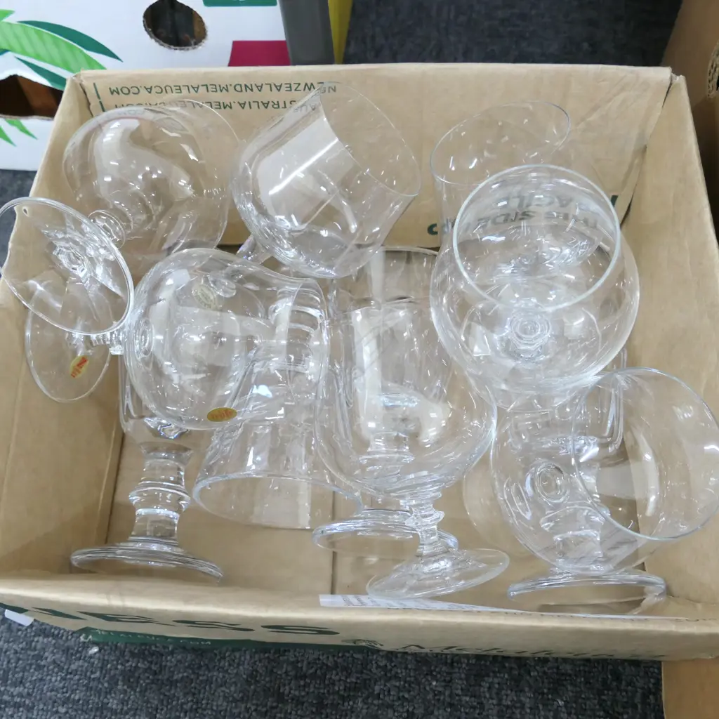 BOX LOT ASST. BRANDY, WATER GLASSES Image 1++