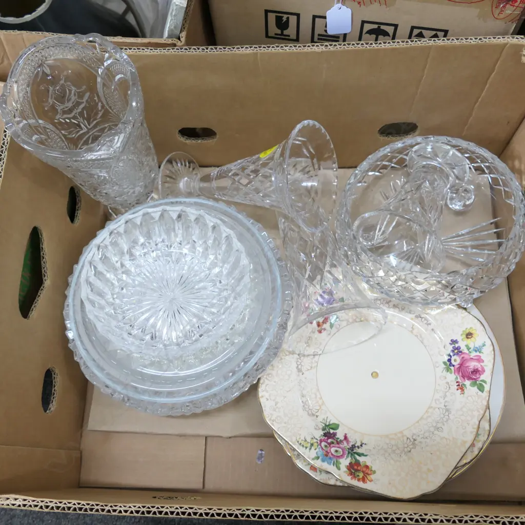 BOX LOT ASST. PRESSED GLASS, CRYSTAL, PLATES ETC Image 1++