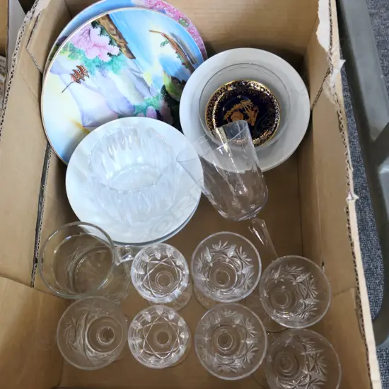 BOX LOT ASST. CRYSTAL SHERRY GLASSES ETC