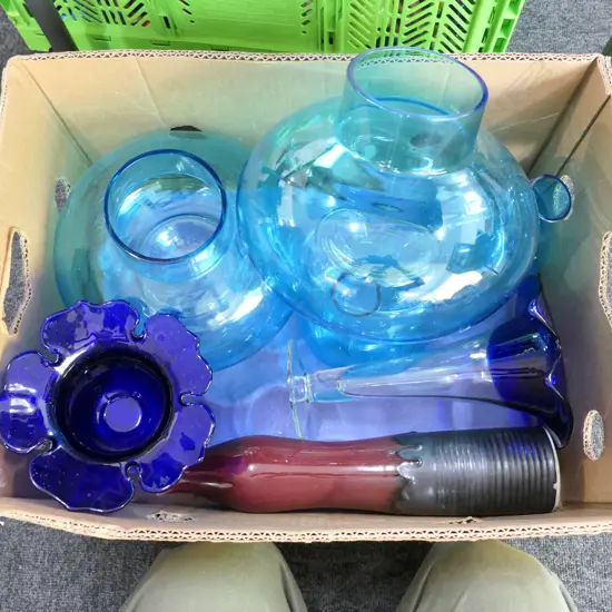 BOX LOT ASST. BLUE ART GLASS VASES