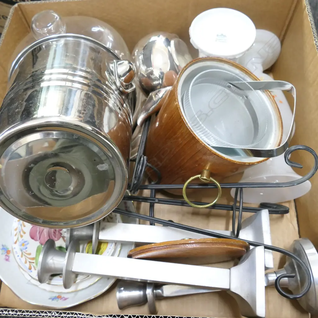 BOX LOT ICE BUCKETS, CANDLESTICKS, CAKE STAND, VASES ETC Image 1++