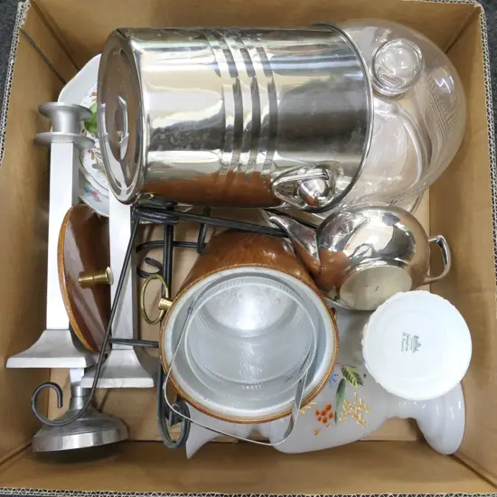 BOX LOT ICE BUCKETS, CANDLESTICKS, CAKE STAND, VASES ETC