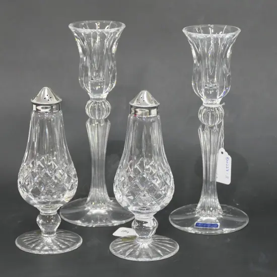 PR WATERFORD CRYSTAL CANDLESTICKS (H. 200MM) + SALT AND PEPPER