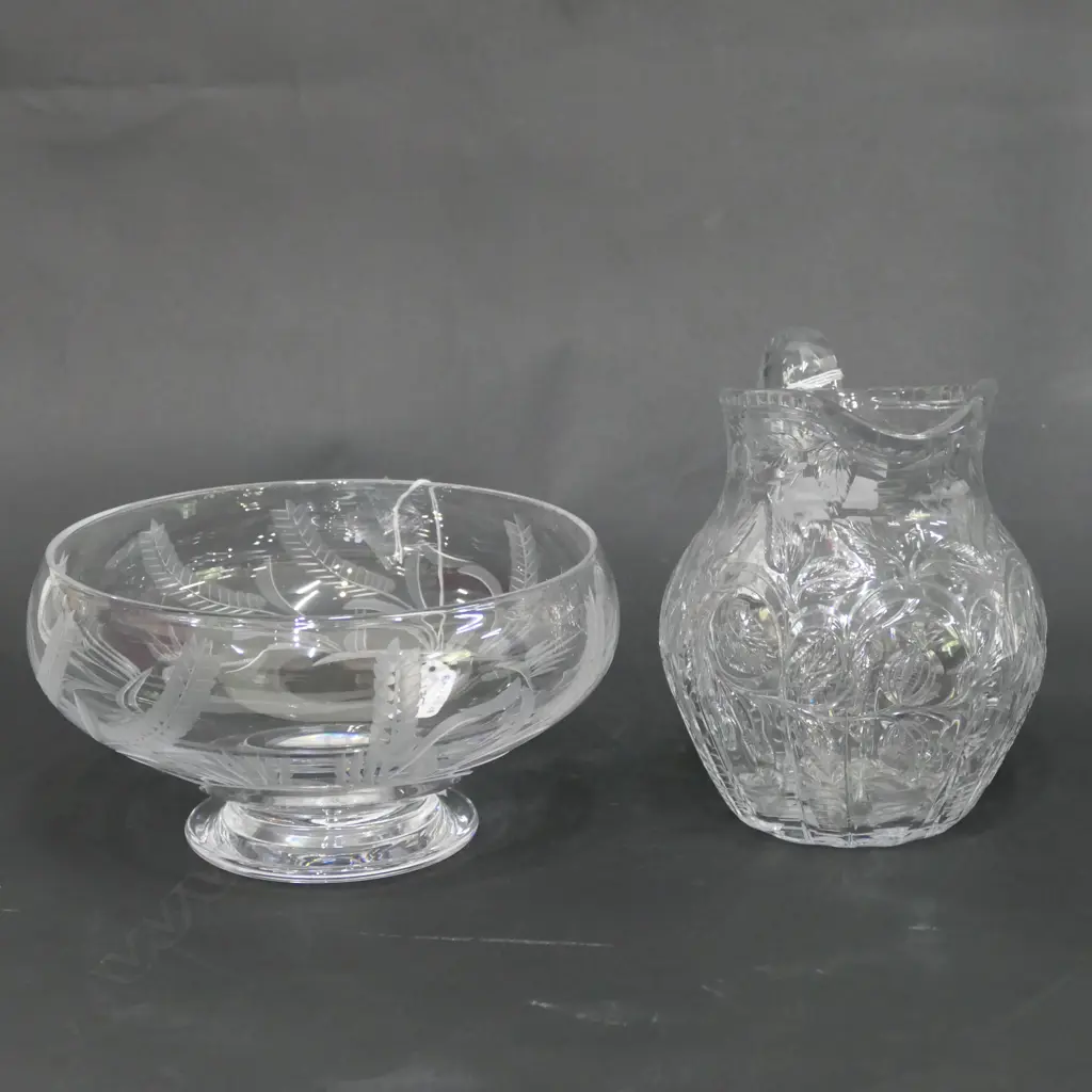 ETCHED CRYSTAL BOWL DIA. 200MM + CUT GLASS JUG Image 1++