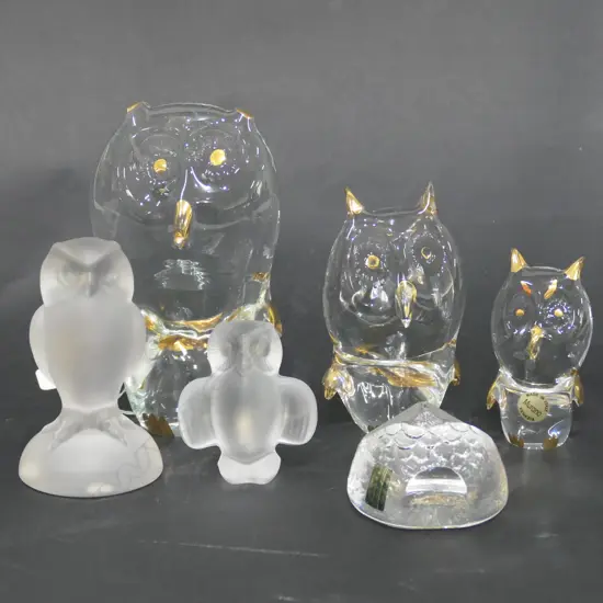 3 MURANO GLASS OWLS _ 3 OTHERS. LARGEST H. 165MM