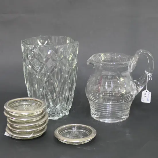 CRYSTAL JUG/VASE + 6 COASTERS