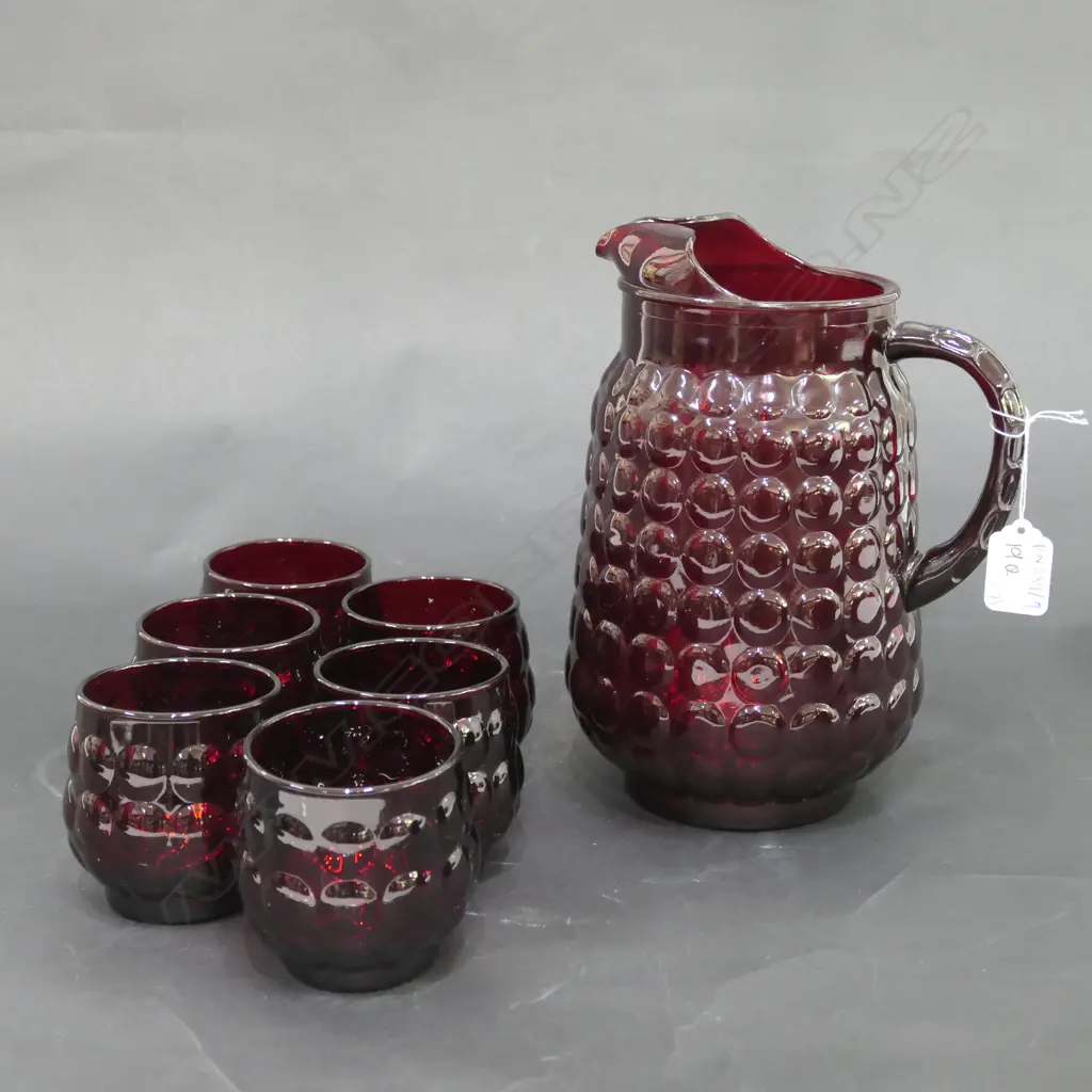7 PCE RUBY RED; JUG AND 6 TUMBLERS  Image 1++