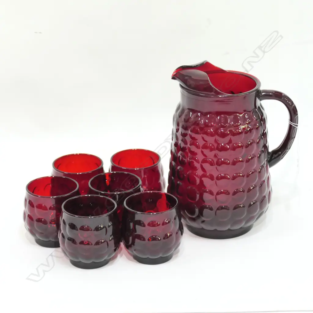 7 PCE RUBY RED; JUG AND 6 TUMBLERS  Image 1++